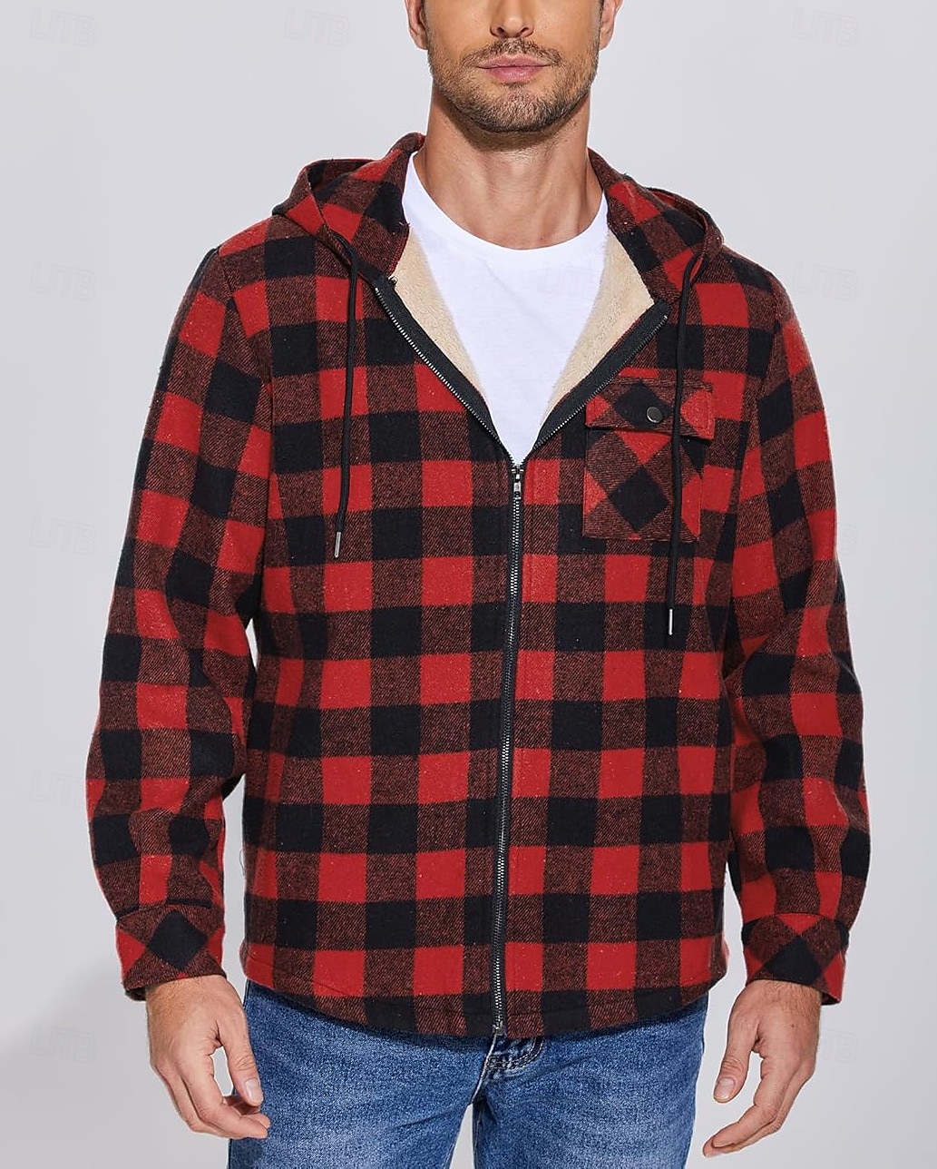 Herren Hemdjacke Kapuzenjacke Shacket Flanell-Fleecejacke Täglich Urlaub warm Mit Kapuze Herbst Winter Schottenstoff Kariert Modisch Strassenmode Kargen Standard Schwarz Dunkelrot Hellgrün Rote Blau 2025 - $60.99 –P48