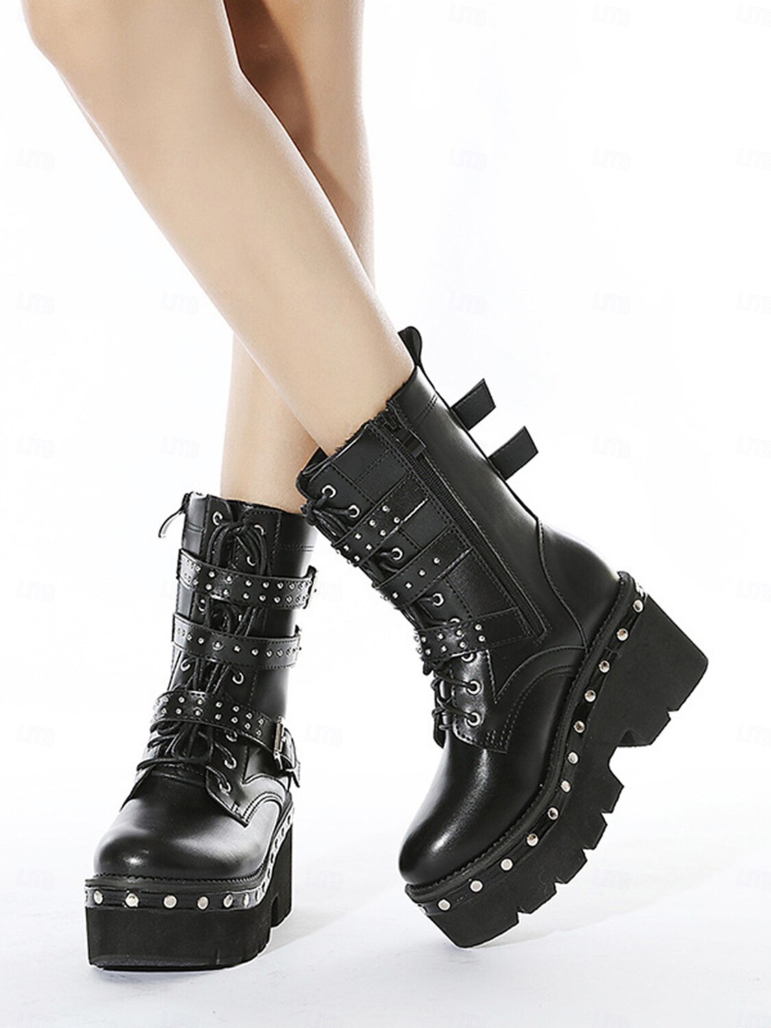 damskie czarne buty bojowe na platformie z paskami z ćwiekami i klamrami, punkowe buty motocyklowe w stylu gotyckim do cosplayu i streetwearu 2025 - $84.99 –P1