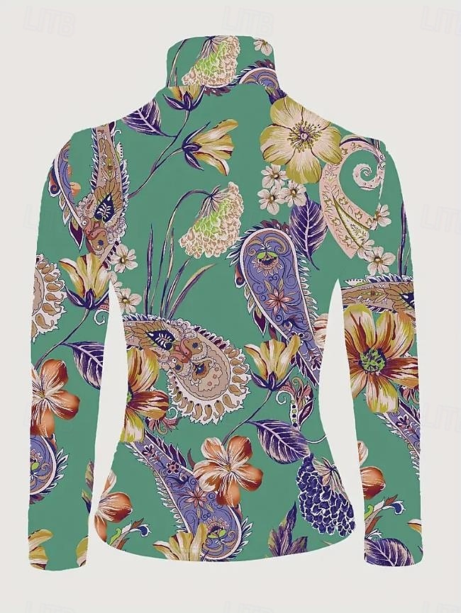 Women's Tunic T Shirt Elegant Bohemia Ethnic Long Sleeve Regular Tops Turtleneck Vacation Going out Green Fall Winter 2025 - $24.99 –P4