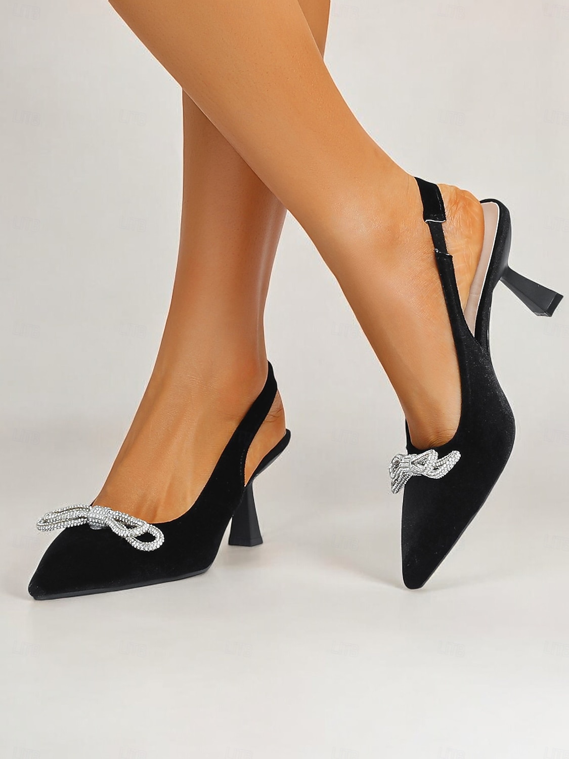 Women's Velvet Slingback Heels – Pointed Toe Cocktail Party Pumps with Rhinestone Bow for Holiday and Nightlife Glam 2025 - $46.99 –P2