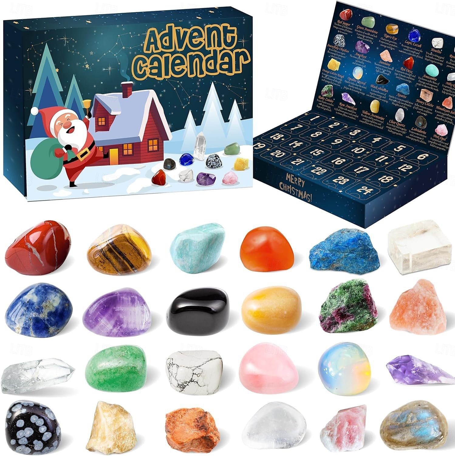 1 bucată calendar de advent cu pietre prețioase de Crăciun, 24 de pietre prețioase de cristal naturale, pietre prețioase de deschis în fiecare zi pentru colecția de învățare, calendar de advent de 2025 - $28.99 –P1