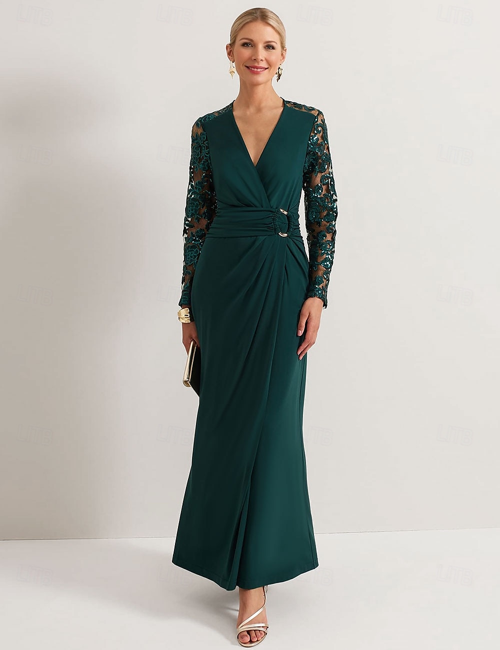 Sheath Jurk Moeder van de Bruid Jurk Elegante V Hals Enkellengte Rekbare Stof Lange Mouw met Kant Geplooid Effen Kleur gratis maat op maat 2025 - $167.99 –P1