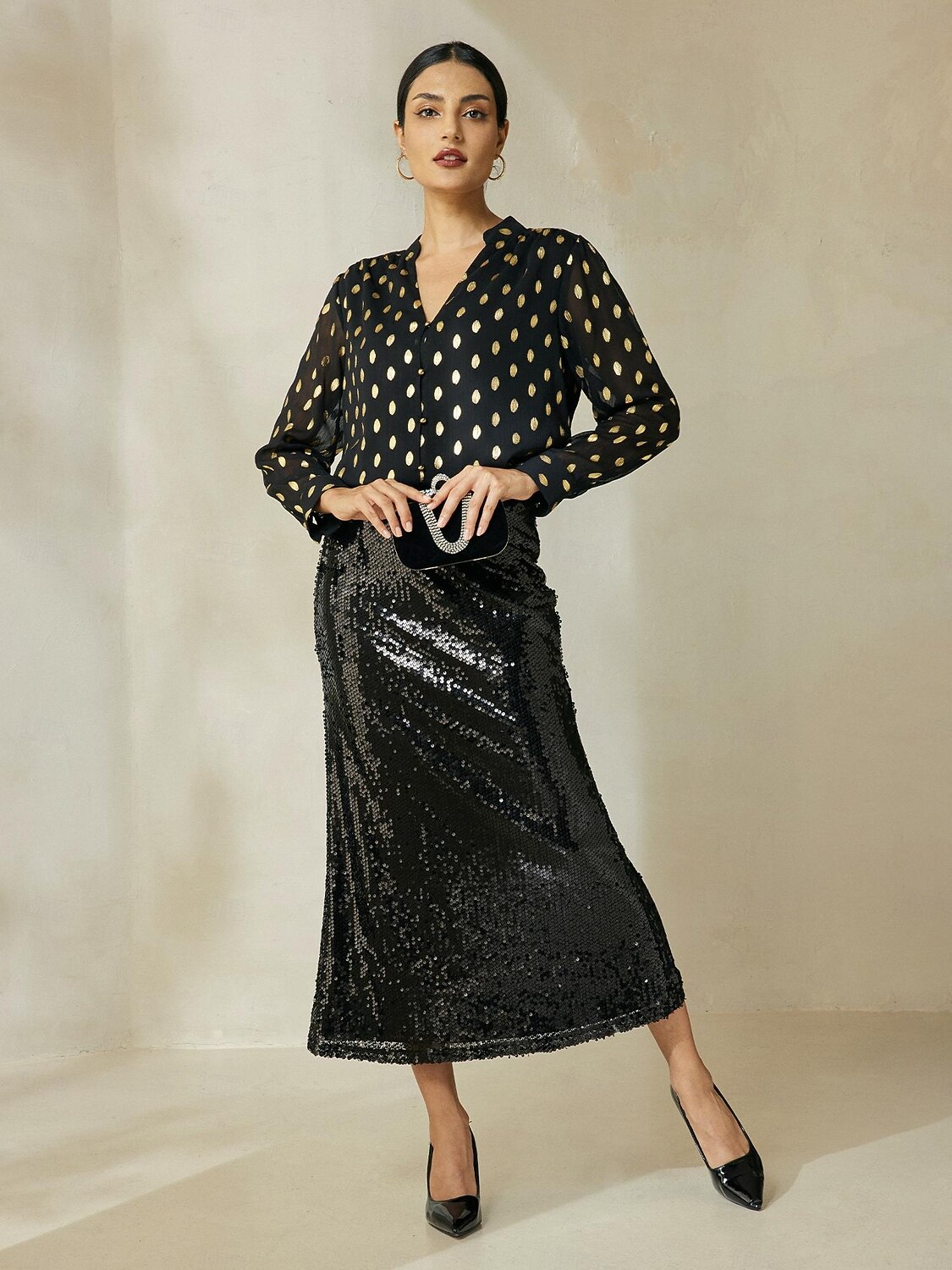 blusa de chiffon com gola e manga julieta e bolinhas de 2025 por $51.99 –P5