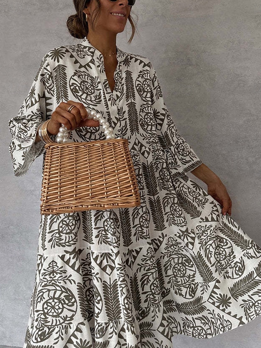 Dámské Maxi šaty Vintage šaty Volnočasové šaty Boho šaty Na běžné nošení Denní Volný Grafika Poloviční rukáv Do V Vodní modrá Khaki Jaro Podzim 2025 - $33.99 –P5
