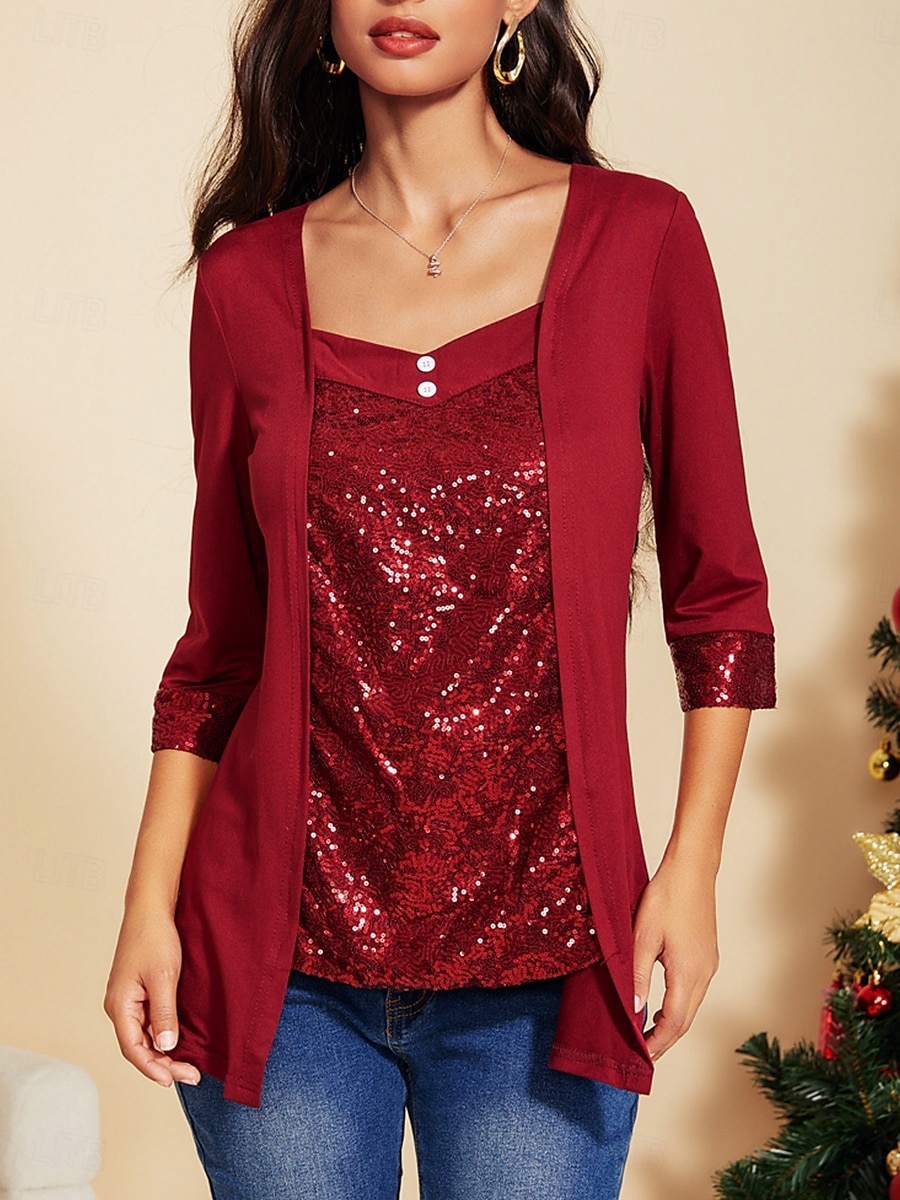 Damen Tunika Bluse einfarbig Alltag Casual Langarm V-Ausschnitt rot Frühling Herbst 2025 - $24.99 –P1