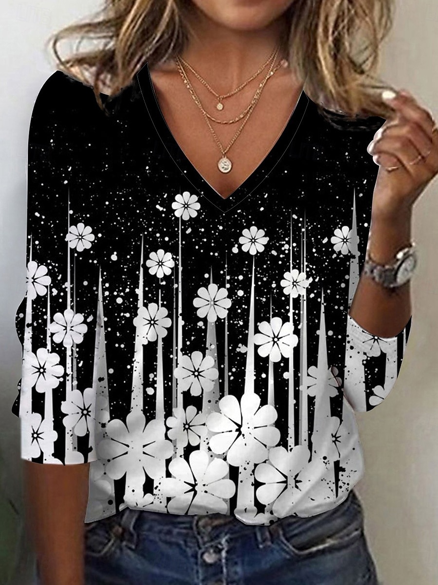 Women's Tunic T Shirt Fashion Casual Print Long Sleeve Regular Tops V Neck Daily White Spring Fall 2025 - $22.99 –P1