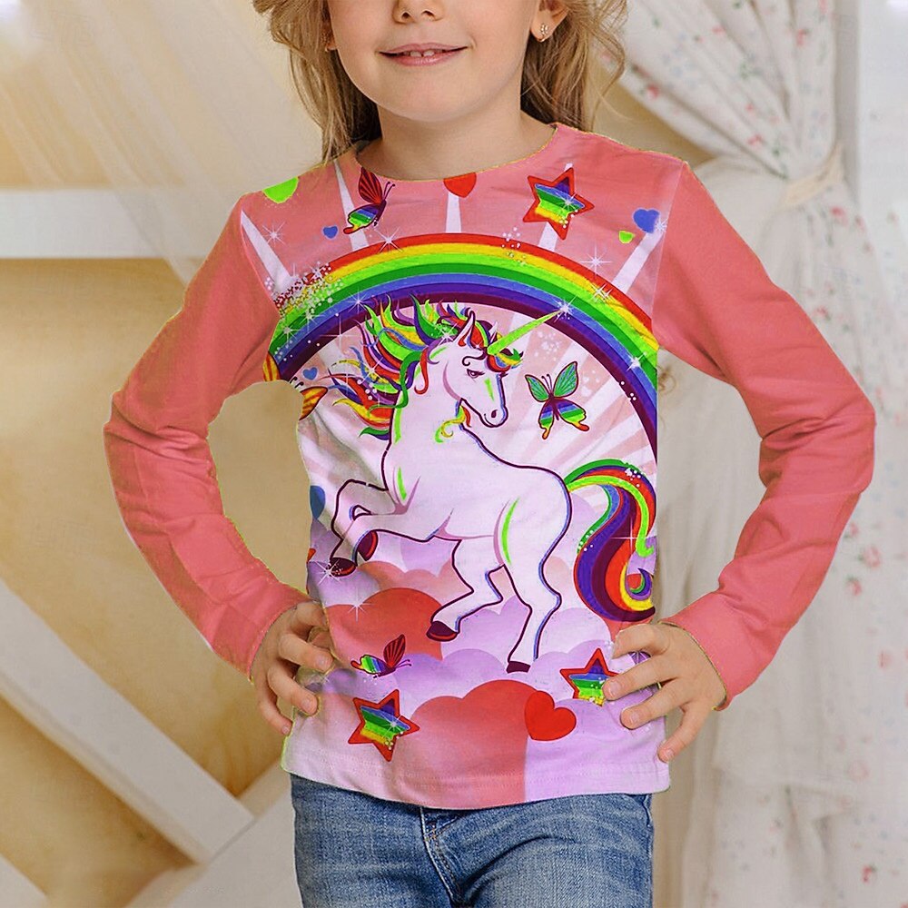 Flickor 3D Grafisk Enhörnings T-shirt Långärmad Vår Höst Mode Grundläggande Barn 4-12 år Rund hals Utomhus Ledigt Dagligen Normal 2025 - $13.99 –P3