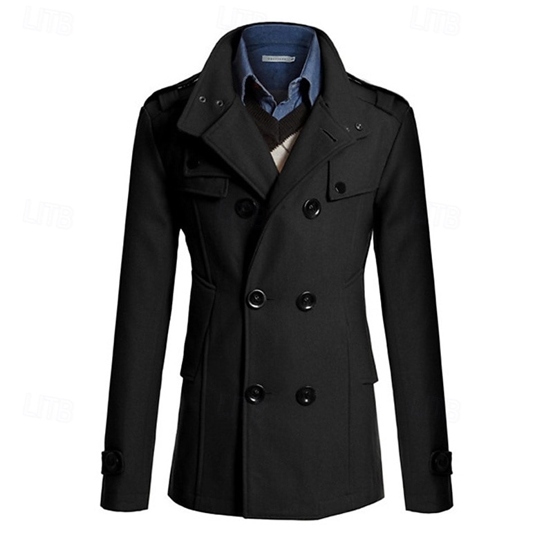 Herr Peacoat Trenchcoat Dagligen Semester Höst vinter Polyester Håller värmen Ytterkläder Kläder Mode Klassisk Slät Ficka Hög krage Dubbelknäppt 2025 - $48.99 –P5