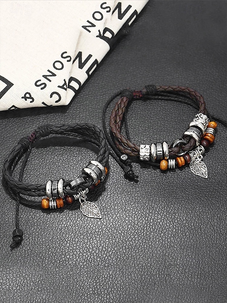 Men's Vintage Faux Leather Charm Bracelets with Wooden Beads and Silver Leaf Pendants - Bohemian Handmade Wristbands for Casual Wear 2025 - $8.99 –P1