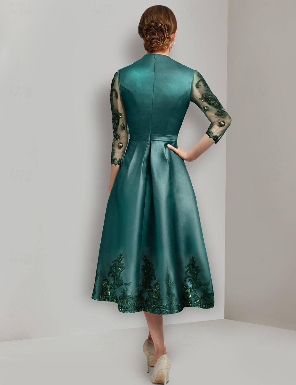 A-lijn Over de knie Feestjurk Cocktail jurk Bruiloft gast jurk Moeder van de bruid jurk 3/4 mouw V-hals Elegant Vintage Formeel Satijn met Kant Effen kleur 2026 - $206.99 –P2