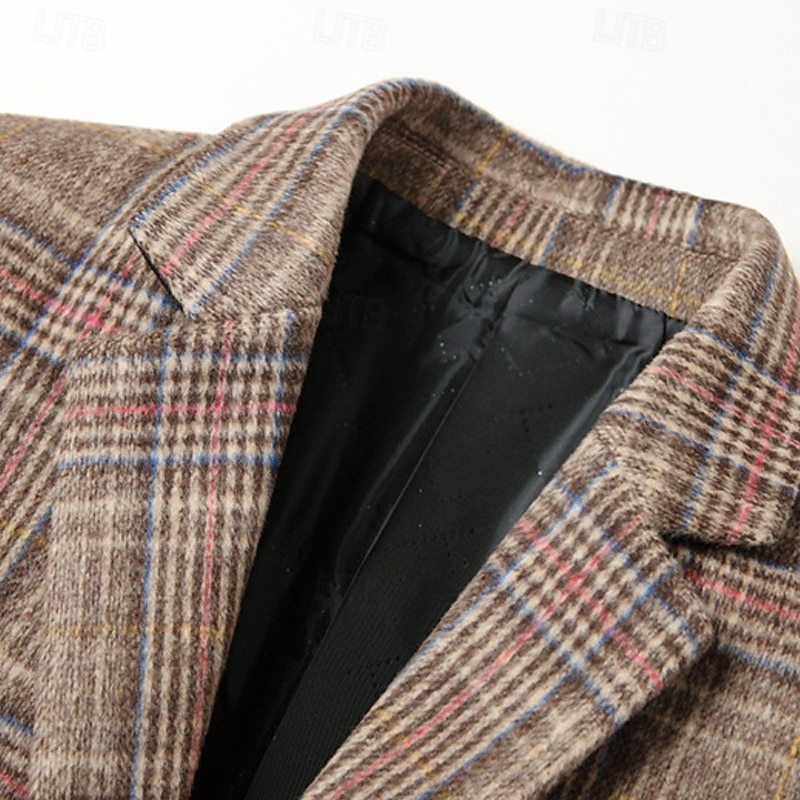 Voor heren Wollen jas Overjas Regenjas Lange trenchcoat Dagelijks Vakantie Herfst winter Polyester Thermisch Warm Winddicht bovenkleding Kleding Modieus Klassiek Ruitjes Zak Revers Enkele rij knopen 2026 - $71.99 –P12