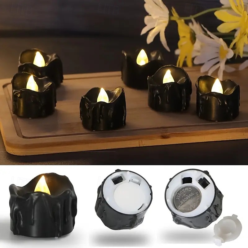 Black Flameless Teardrop Candle Lights Yellow Twinkle Tea Light Candle with Glitter Decoration Freestanding Plastic Round Single Wick for Various Room Types Valentine's Day  Halloween Christmas 2025 - $6.49 –P7