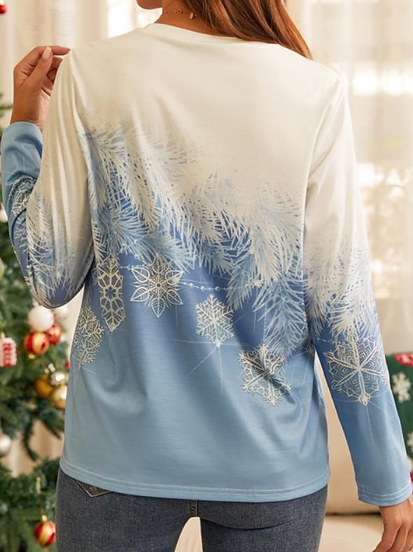 Sudadera de mujer con estampado de copos de nieve de invierno, manga larga, cuello redondo, azul degradado, informal, cómoda, ajuste regular, temporada festiva, top acogedor 2025 - $22.99 –P4
