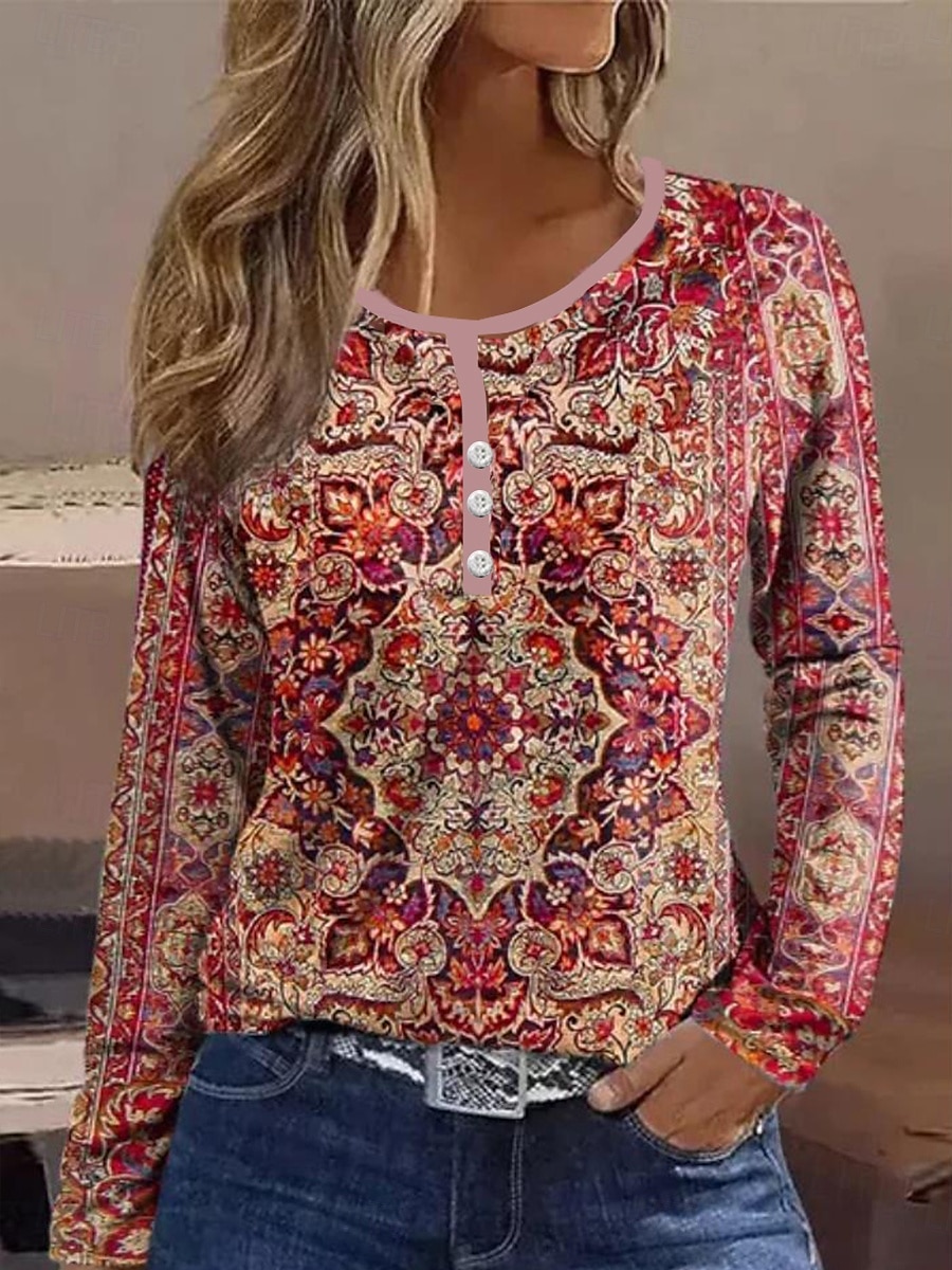 Tricou pentru femei cu Dungi Zilnic Casual Mâneci Lungi Gât în V Cămașă Regula Zilnic Sărbătoare Butoane Roz Roșu Gri Primăvară Toamnă Iarnă 2025 - $24.99 –P2