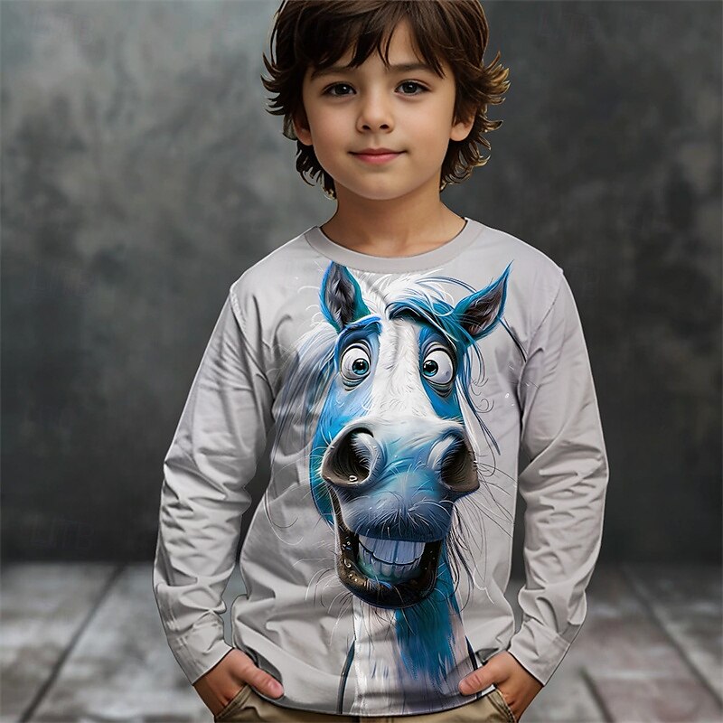 Pojkar 3D Grafisk Djur Häst T-shirt Långärmad Vår Höst Mode Grundläggande Barn 4-12 år Rund hals Utomhus Ledigt Dagligen Normal 2025 - $13.99 –P2
