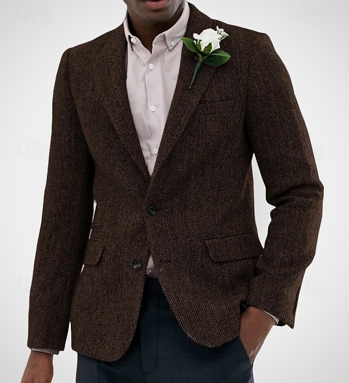 Men's Tweed Blazer Notch Collar Vintage Herringbone Blazer Burgundy Brown Green Standard Fit Single Breasted Two-buttons 2026 - $84.99 –P1