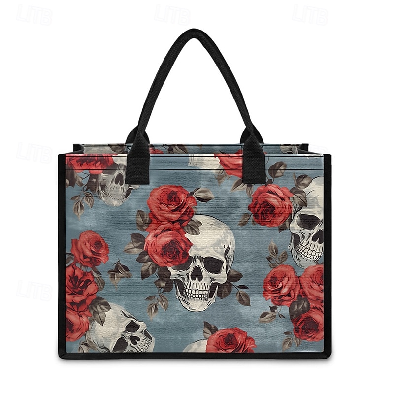 sac fourre-tout imprimé tête de mort et rose – grand sac à main gothique pour femme, design floral vintage, parfait pour Halloween ou pour un usage quotidien de 2025 ? $19.99 –P2