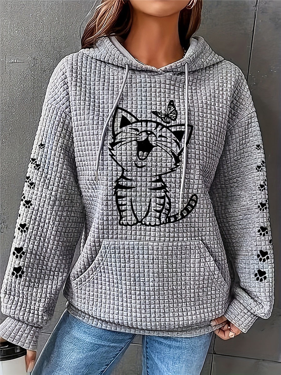 Damen-Kapuzenpullover mit Katzen-Print, Street-Look, Alltagskleidung, lässiger Kapuzenpullover, langärmelig, mikroelastisch, Herbst/Winter, bequem, atmungsaktiv, weicher Stoff 2025 - $29.99 –P4