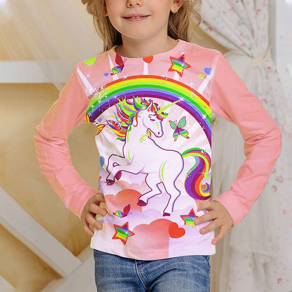 Flickor 3D Grafisk Enhörnings T-shirt Långärmad Vår Höst Mode Grundläggande Barn 4-12 år Rund hals Utomhus Ledigt Dagligen Normal 2025 - $13.99 –P1