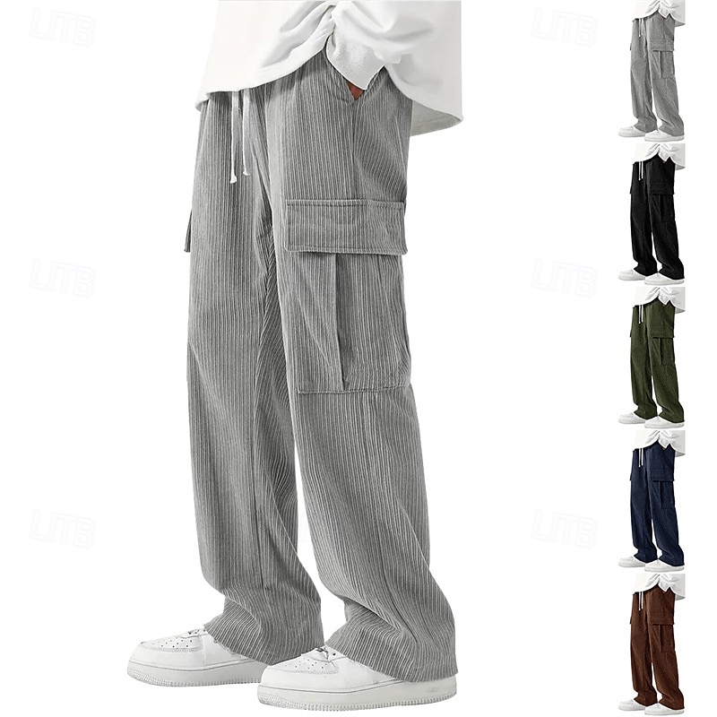 Men's Cargo Pants Corduroy Pants Trousers Straight Leg Sweatpants Elastic Waist Drawstring Multi Pocket Plain Wearable Outdoor Daily Camping & Hiking Fashion Classic Black Army Green 2025 - GBP £19.65 –P1