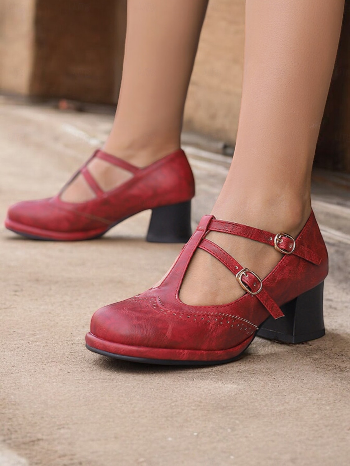 tocuri vintage roșii Mary Jane de damă – curea cu cataramă dublă, toc bloc retro, perfecte pentru ocazii formale și casual 2025 - $54.99 –P1