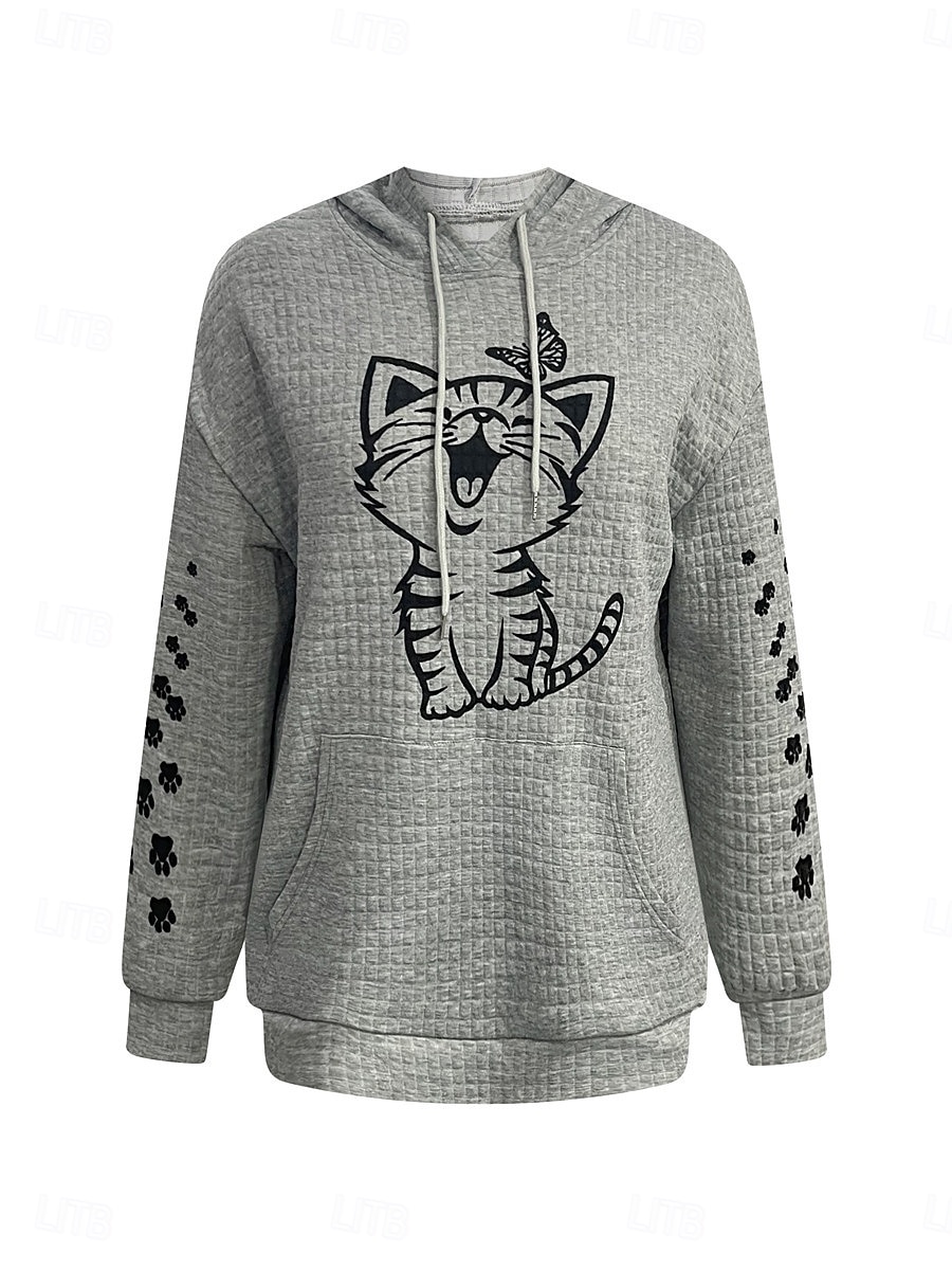 Damen-Kapuzenpullover mit Katzen-Print, Street-Look, Alltagskleidung, lässiger Kapuzenpullover, langärmelig, mikroelastisch, Herbst/Winter, bequem, atmungsaktiv, weicher Stoff 2025 - $29.99 –P5
