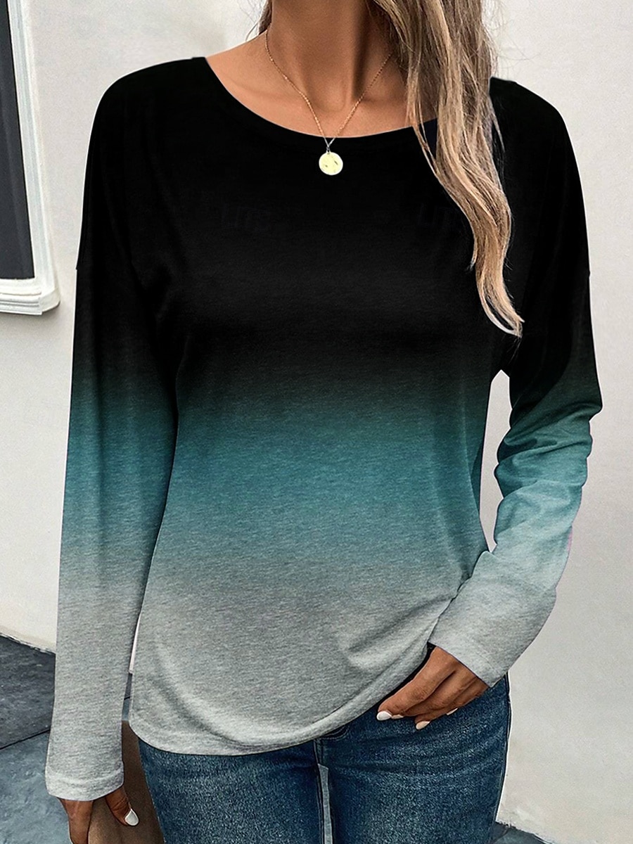 Dames T-shirt Kleurgradatie Modieus Casual Lange mouw Ronde hals Normale tops Dagelijks Weekend Afdrukken Rood blauw Paars Grijs Lente & Herfst 2025 - $23.99 -P8