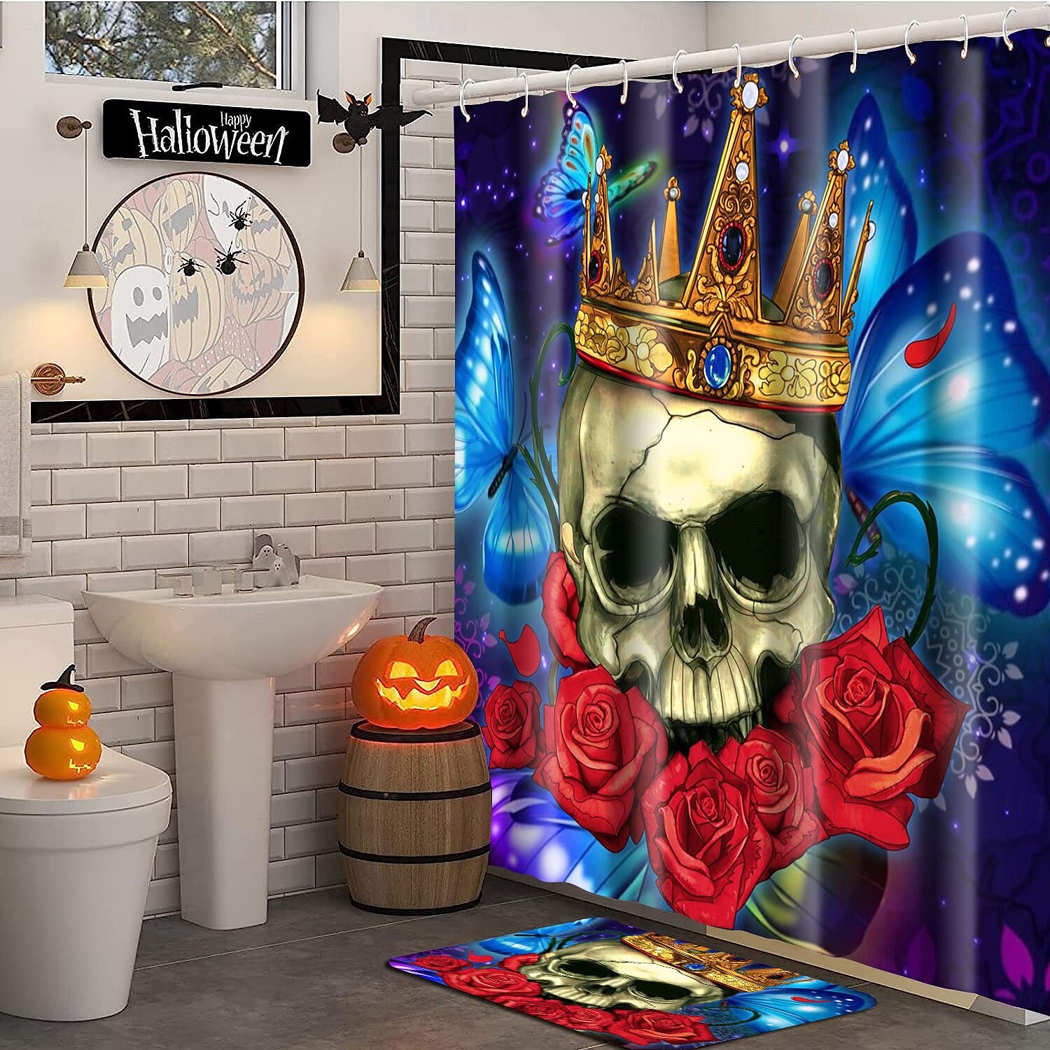 cortina de chuveiro de halloween com ganchos para banheiro cortina de chuveiro de caveira conjunto de decoração de banheiro poliéster à prova d'água pacote com 12 ganchos de plástico cabeças de de 2025 por $21.99 –P19