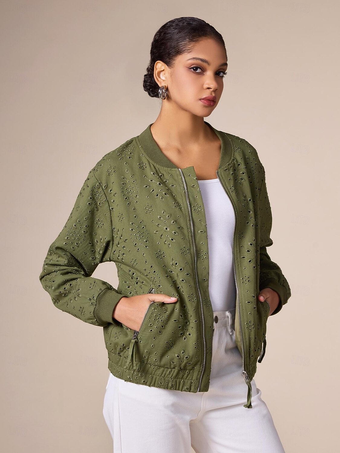 Jachetă bomber cu fermoar brodat 100% bumbac, cu gâtul uniform 2026 - $94.99 –P1