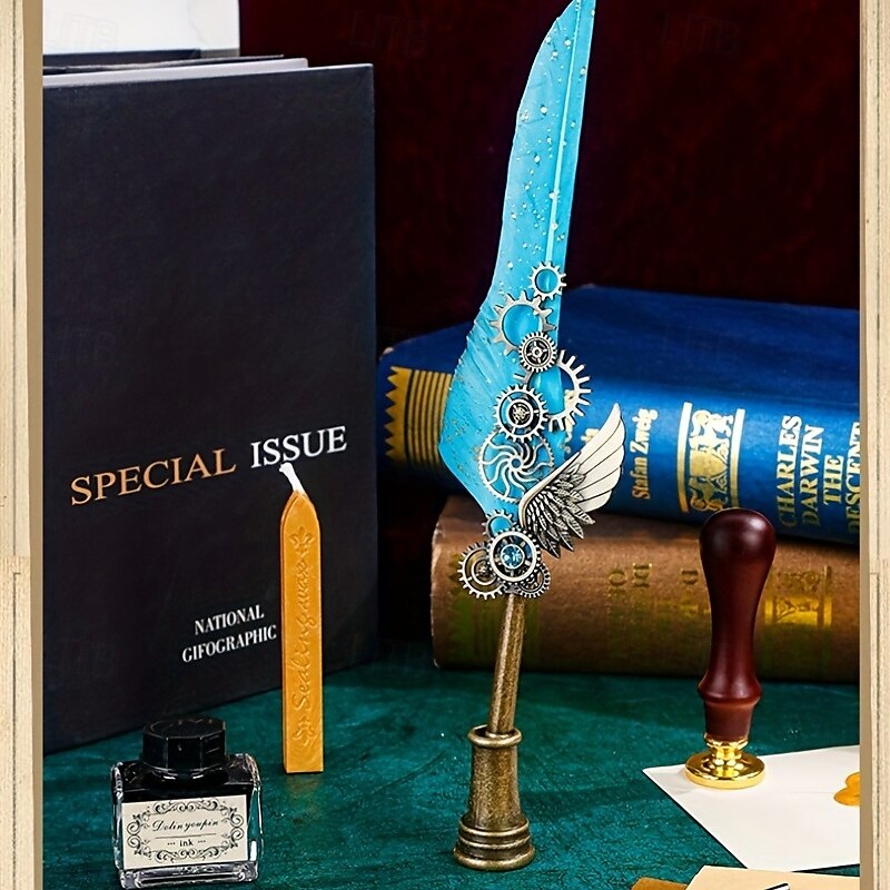 1 Set Geschenkbox, Federkiel, Kalligraphie-Stift und Tintenschreiber-Set, antikes Schreiben, Quilt-Tintenfeder, mechanisches Getriebe, Steampunk-Federkiel zum Zeichnen, Signieren und für 2025 - $28.99 –P15