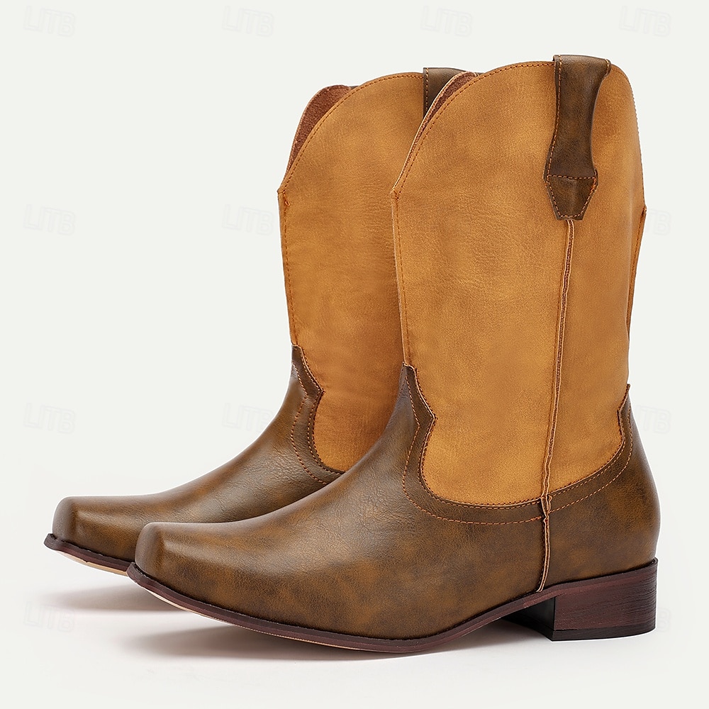 stivali da cowboy western da uomo – stivali in similpelle marrone chiaro in stile vintage a metà polpaccio con punta quadrata, ideali per l'outdoor e l'abbigliamento casual del 2025 a $64.99 –P6