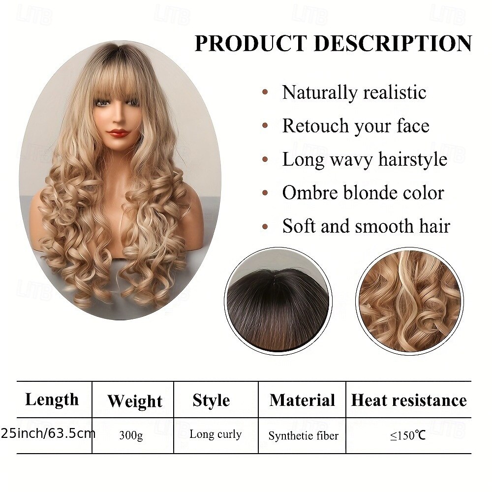 lange ombre pruiken met donkere wortels losse golvende synthetische haar pruik met pony voor vrouwen dagelijkse feest cosplay kleding 2025 - $19.99 –P5