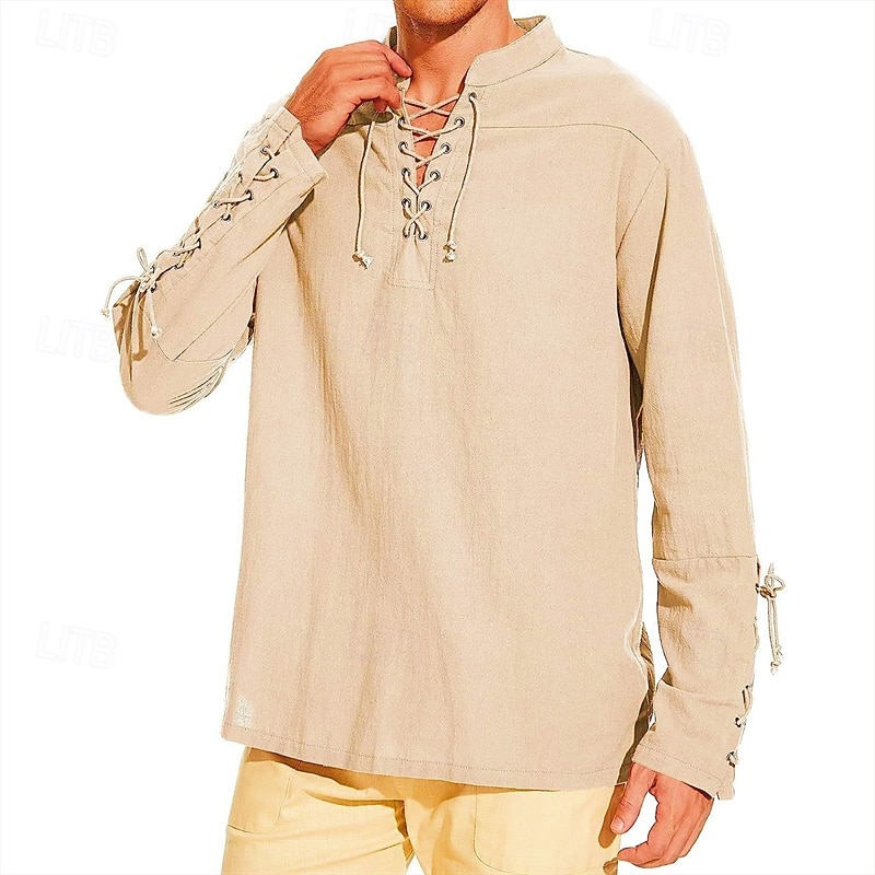 Men's Shirt Linen Shirt Popover Shirt Casual Shirt Cotton Shirt Plain Streetwear Vacation White Wine Navy Blue Brown Long Sleeve Stand Collar Spring &  Fall Clothing Apparel Lace up 2026 - $28.99 –P11