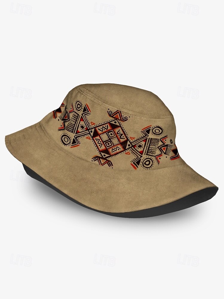 pánský béžový bucket klobouk s etnickým geometrickým potiskem - stylový letní klobouk pro outdoorové dobrodružství a festivaly 2025 - $18.99 –P2
