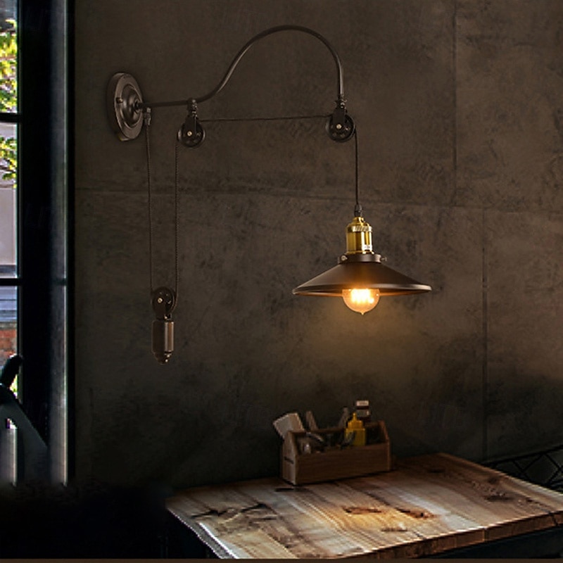 lampa ścienna retro vintage lampa ścienna płaska lampa montowana na ścianie industrialny styl czarny metalik regulowana lampa ścienna z konstrukcją koła pasowego 110-240 V 2025 - $79.99 –P9