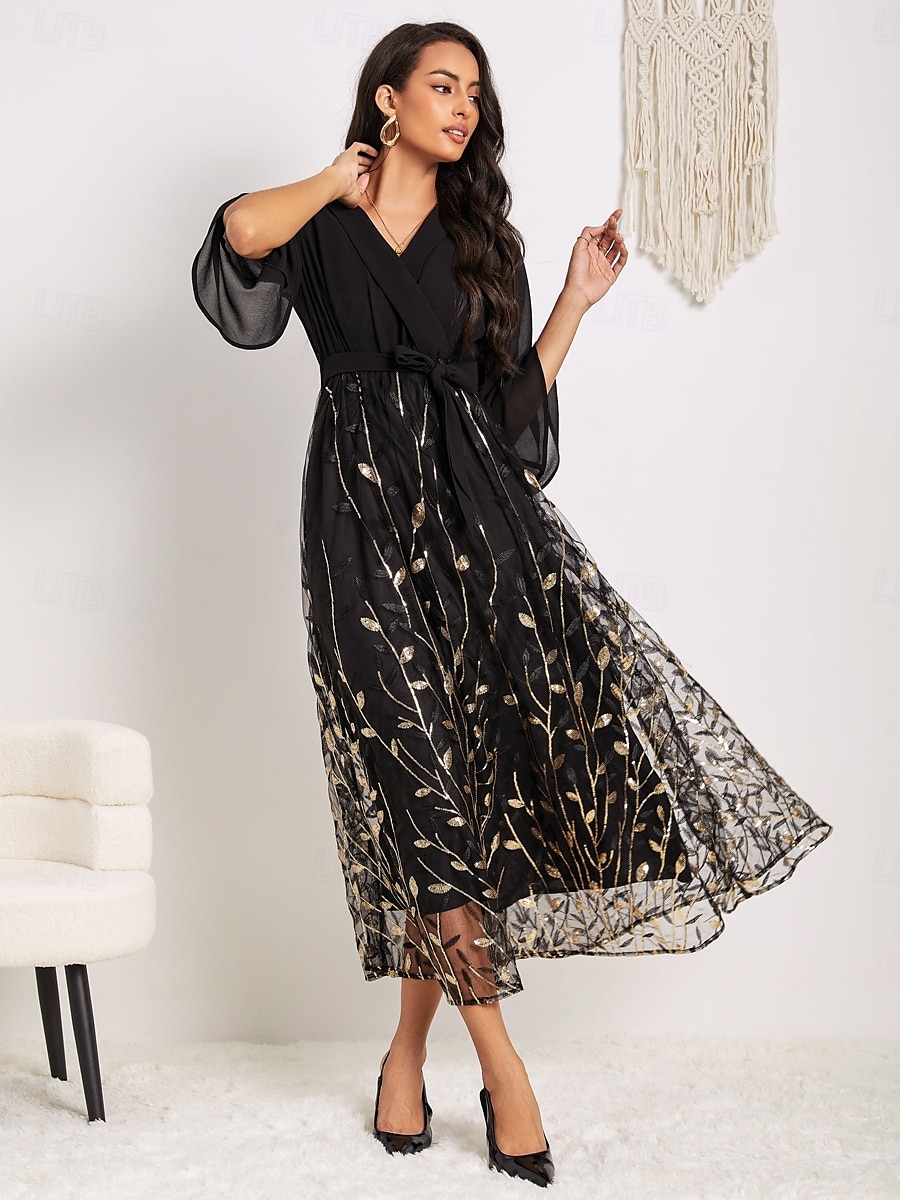 rochie midi de damă cu decolteu în V cu mânecă lungă cu model de ramuri aurii pur cu curea elegantă petrecere seară aur negru mărime întreagă 2025 - $99.99 –P6