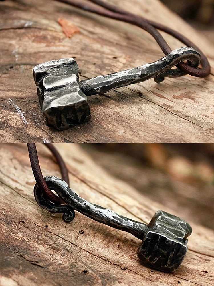 męski wiking naszyjnik z młotem thora – rustykalny żelazny amulet ze sznurkiem 2025 - $8.99 –P4
