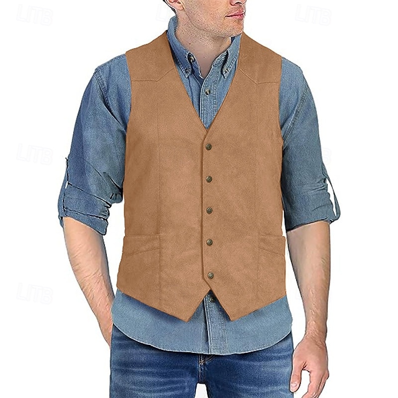 Retro Vintage Vest Waistcoat West Cowboy Solid Color V Neck Fancy Dress Men's Bachelorette Party Adults' Vest 2026 - $34.99 –P12