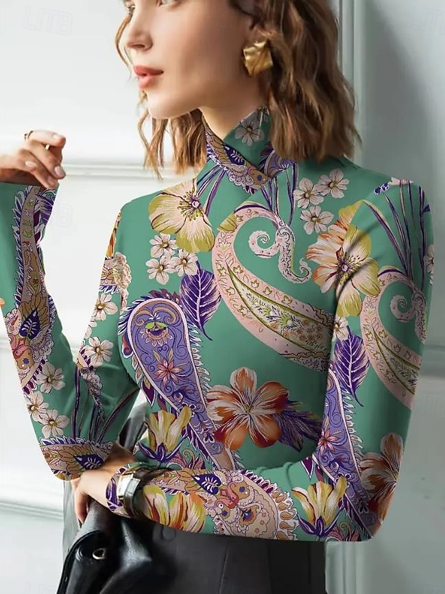 Women's Tunic T Shirt Elegant Bohemia Ethnic Long Sleeve Regular Tops Turtleneck Vacation Going out Green Fall Winter 2025 - $24.99 –P1