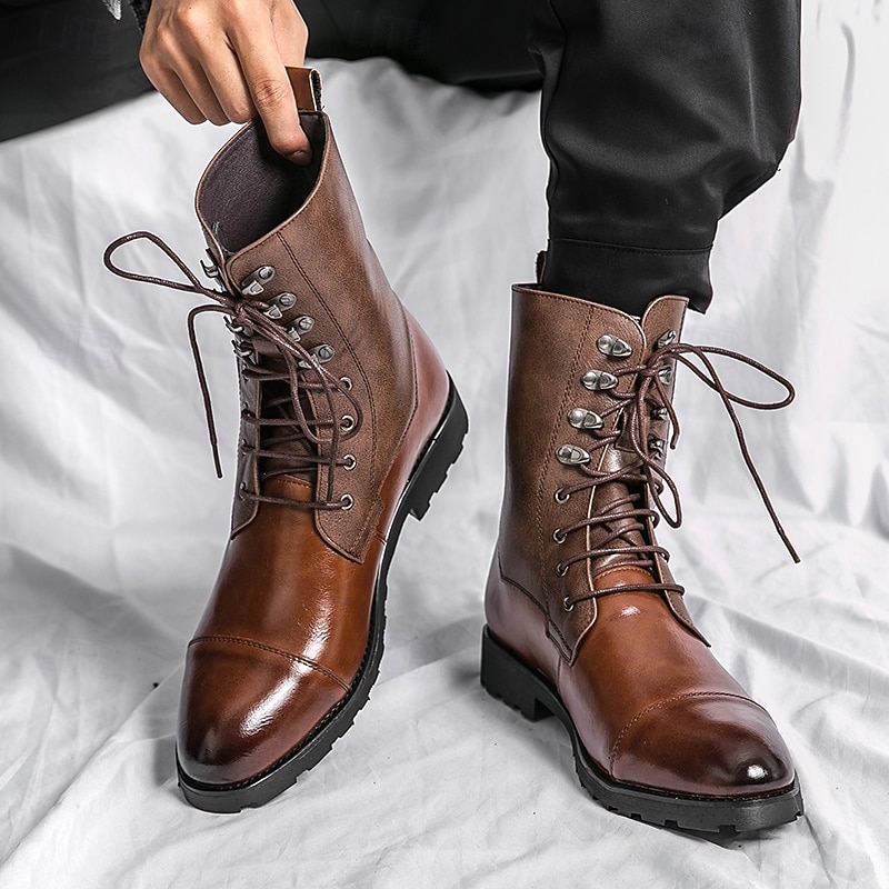 braune Militärstiefel aus Kunstleder für Herren mit Schnürung – strapazierfähige Stiefeletten für Outdoor-Aktivitäten und die Freizeit 2025 - $64.99 –P2