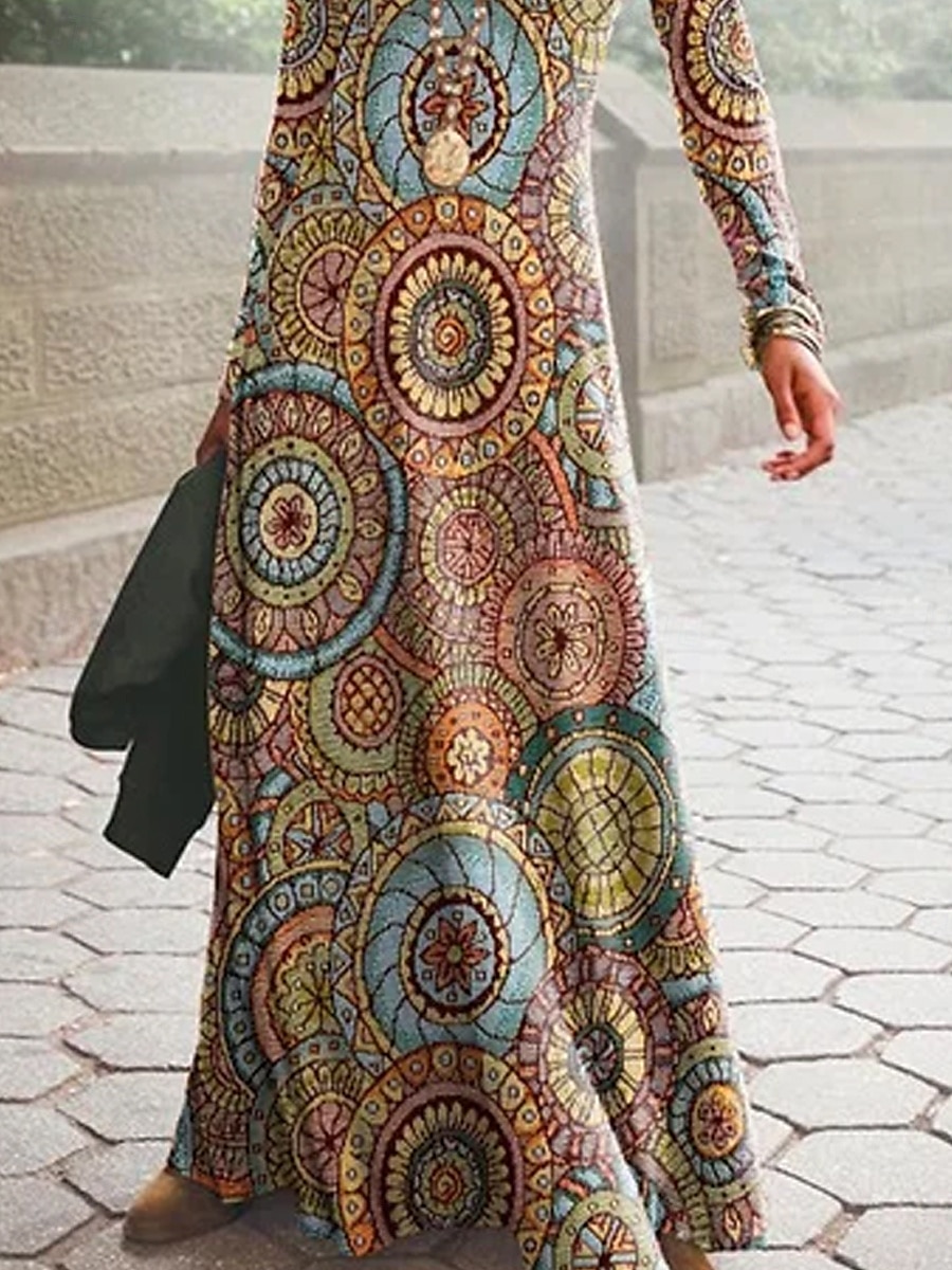 Dámské maxi šaty šaty s posunem áčkové šaty Boho elegantní stylové dovolená párty každodenní běžné měření grafické dlouhé rukávy kulatý výstřih pestré jaro podzim 2025 - $36.99 –P3