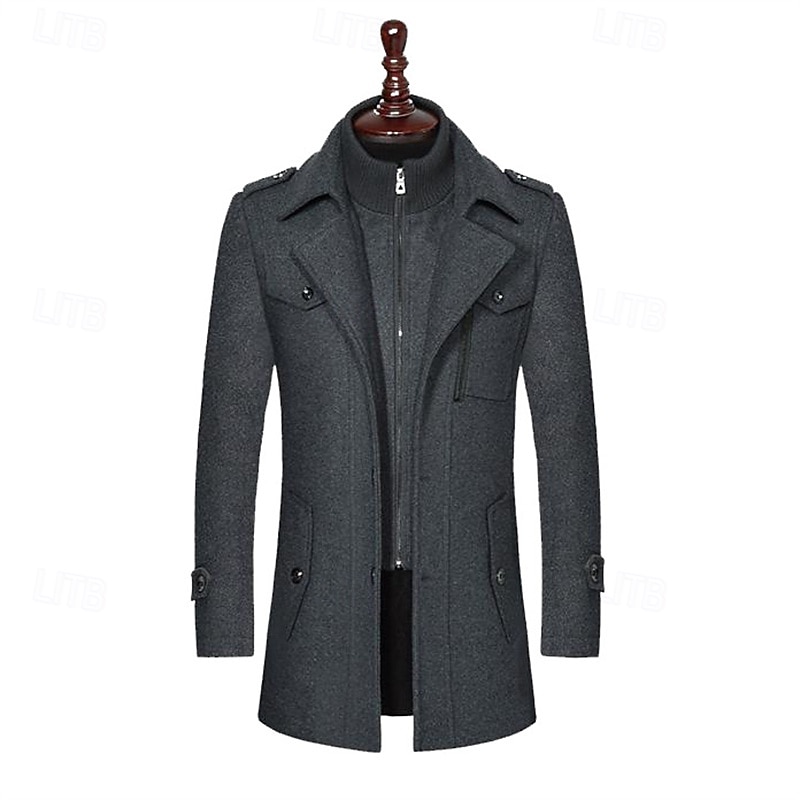 Herr Vindtät jacka Yllekappa Trenchcoat Dagligen Semester Höst vinter Ylle Håller värmen Vindtät Ytterkläder Kläder Mode Klassisk Slät Ficka Kavajslag Enkelknäppt 2025 - $69.99 –P10