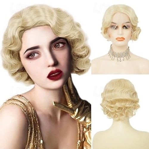 Lyhyt kihara peruukki naisille 1920-luvun sormiaallon peruukki cosplay-karnevaali synteettiset hiukset peruukit Halloween-peruukit 2025 - $19.49 –P2
