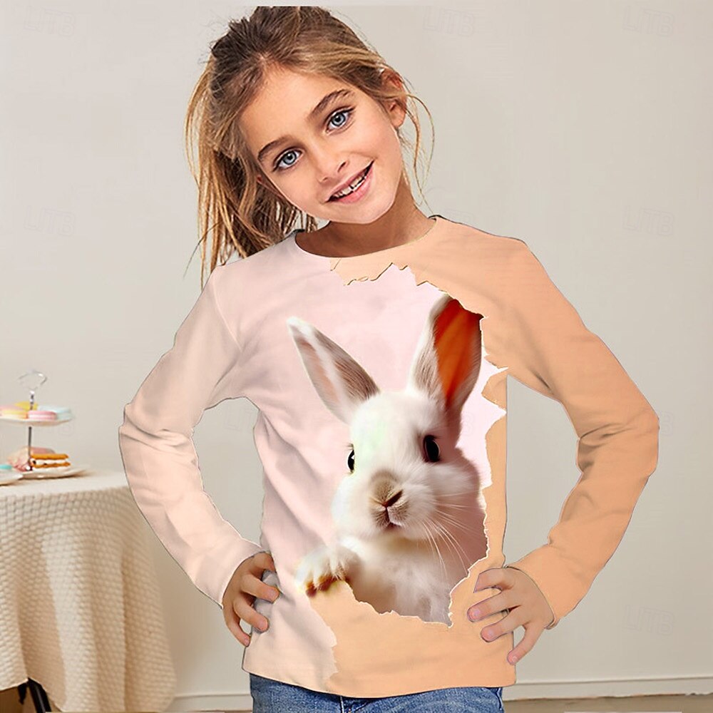 Pääsiäinen Tyttöjen 3D Kuvitettu Eläin Kani T-paita Pitkähihainen Kevät Syksy Muoti Perus Lapset 4-12 vuotta Tiukka pyöreä kaula-aukko ulko- Kausaliteetti Päivittäin Normaali 2025 - $13.99 –P5