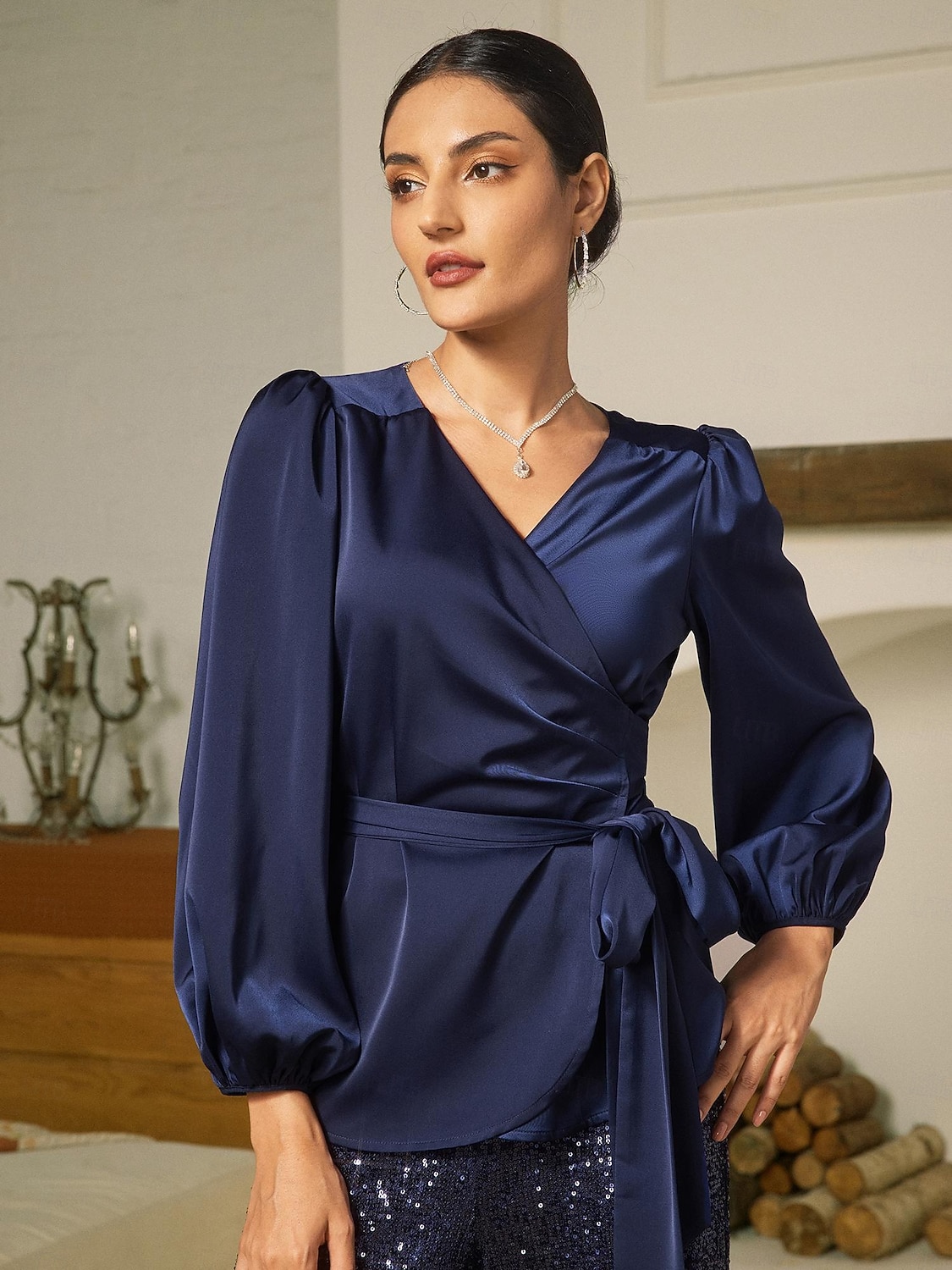 μπλούζα σατέν μασίφ casual juliet μανίκι γραβάτα μπροστά 2025 - $72.99 –P1