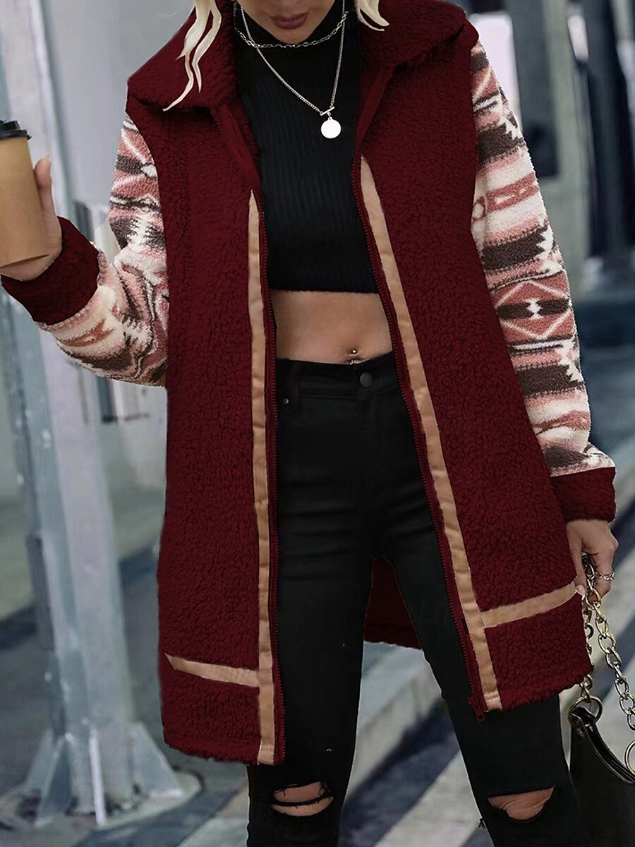 Dames Fleecejack Teddy jas Hoodie jas Houd Warm Ademend Vetoketju Zak Met fleece gevoerd Vintage Casual Geometrisch Vakantie Straat Alledaagse kleding Uitgaan Rits Lang Strijkijzer Normale pasvorm 2025 - $52.99 –P7