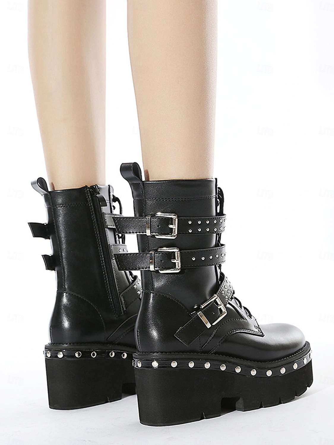 damskie czarne buty bojowe na platformie z paskami z ćwiekami i klamrami, punkowe buty motocyklowe w stylu gotyckim do cosplayu i streetwearu 2025 - $84.99 –P2