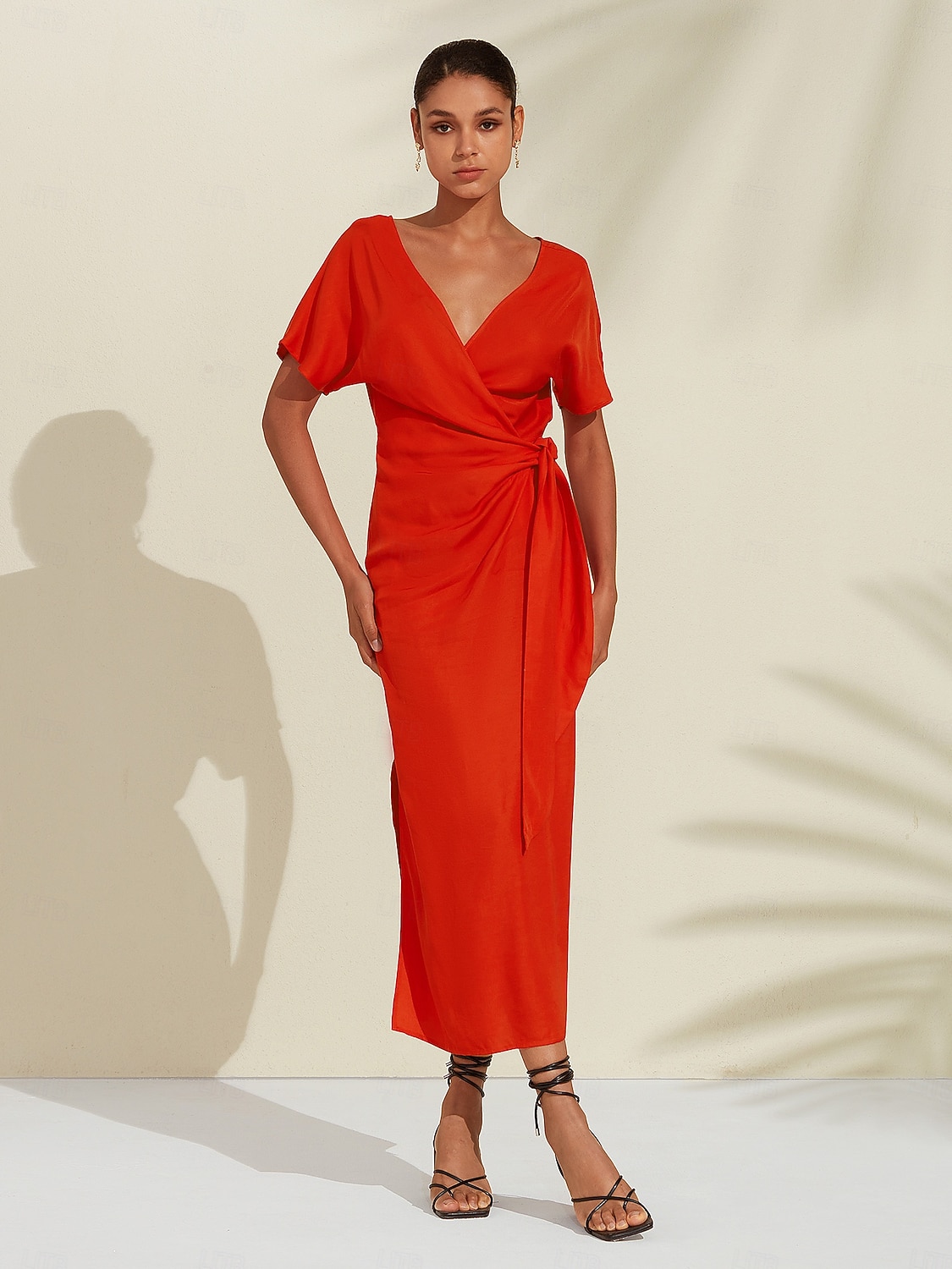 Robe midi portefeuille froncée en lin tencel pour femme orange rouge col en V de 2025 ? $119.99 –P6