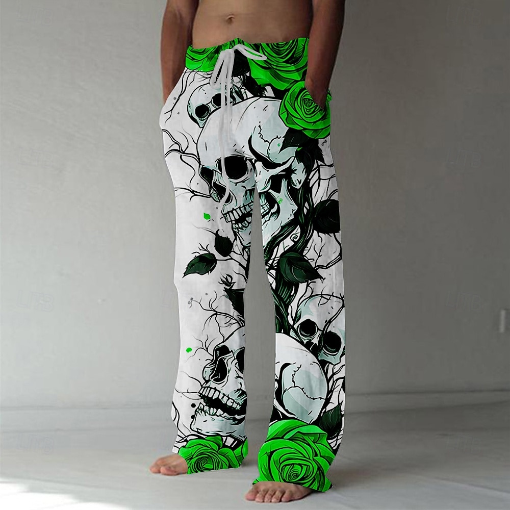Männer Coole Totenköpfe Rose Hosen Hosen Mittlere Taille Kordelzug Elastischer Bund Hawaiianer Horror Party Abendkleidung Feiertag Gerade Beine Hosen Sommer Frühling Herbst 3D Druck Rot Blau Lila 2026 - $27.99 –P5