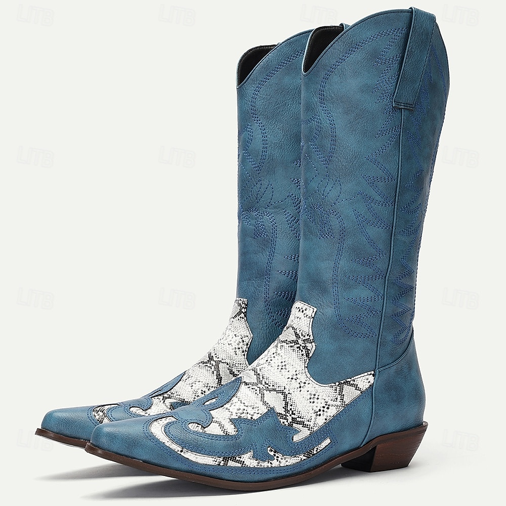 férfi kék művelúr cowboy csizma fehér kígyóbőr díszítéssel és hímzett dizájnnal - western stílusú csizma rodeó és kültéri viselethez 2025 - $79.99 –P2
